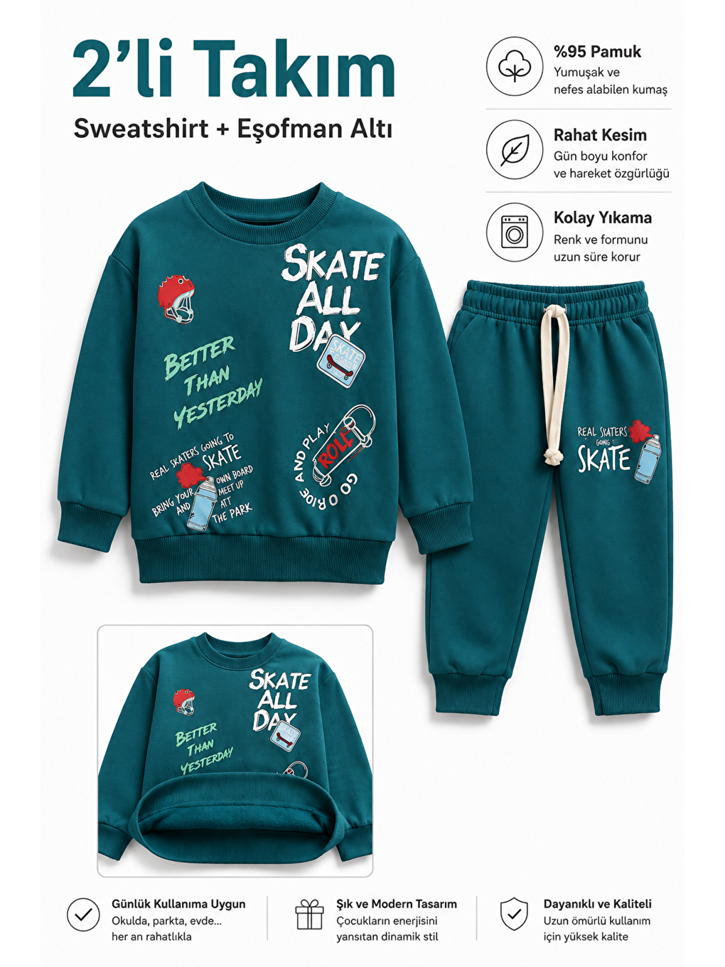 Yeşil Erkek Çocuk Kaykay Baskılı Sweatshirt Eşofman Altı 2’li Takım 1-4 Yaş Ak115-1