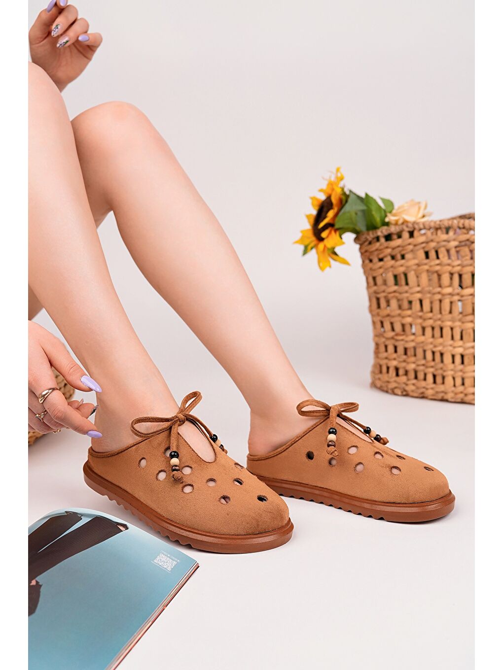 Kahverengi SHAMMY Süet Deri Delikli Bağcıklı Günlük Rahat Önü Kapalı Kadın Terlik-4