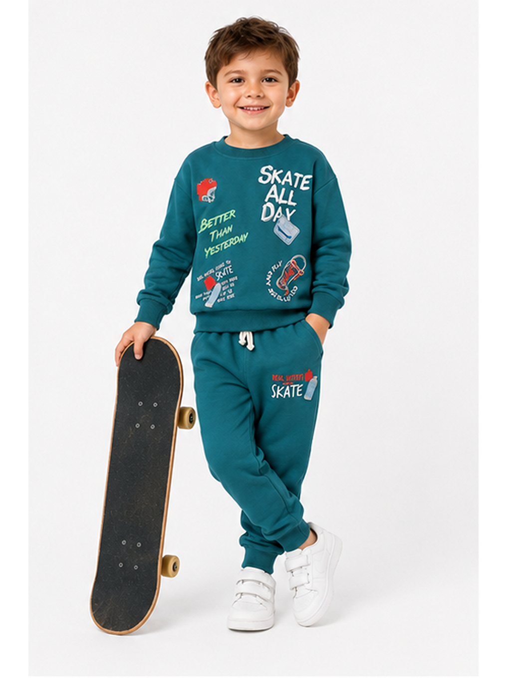 Yeşil Erkek Çocuk Kaykay Baskılı Sweatshirt Eşofman Altı 2’li Takım 1-4 Yaş Ak115-2