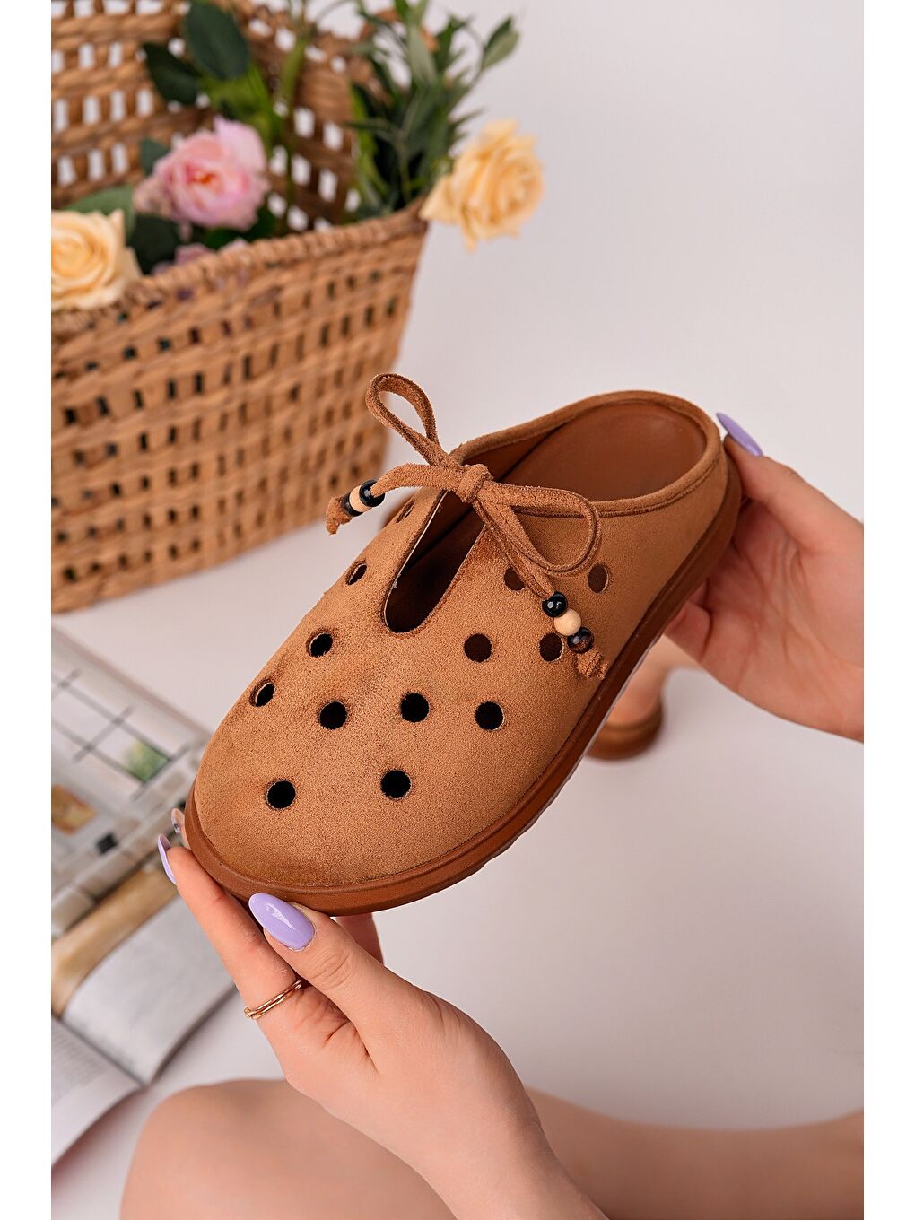 Kahverengi SHAMMY Süet Deri Delikli Bağcıklı Günlük Rahat Önü Kapalı Kadın Terlik-5