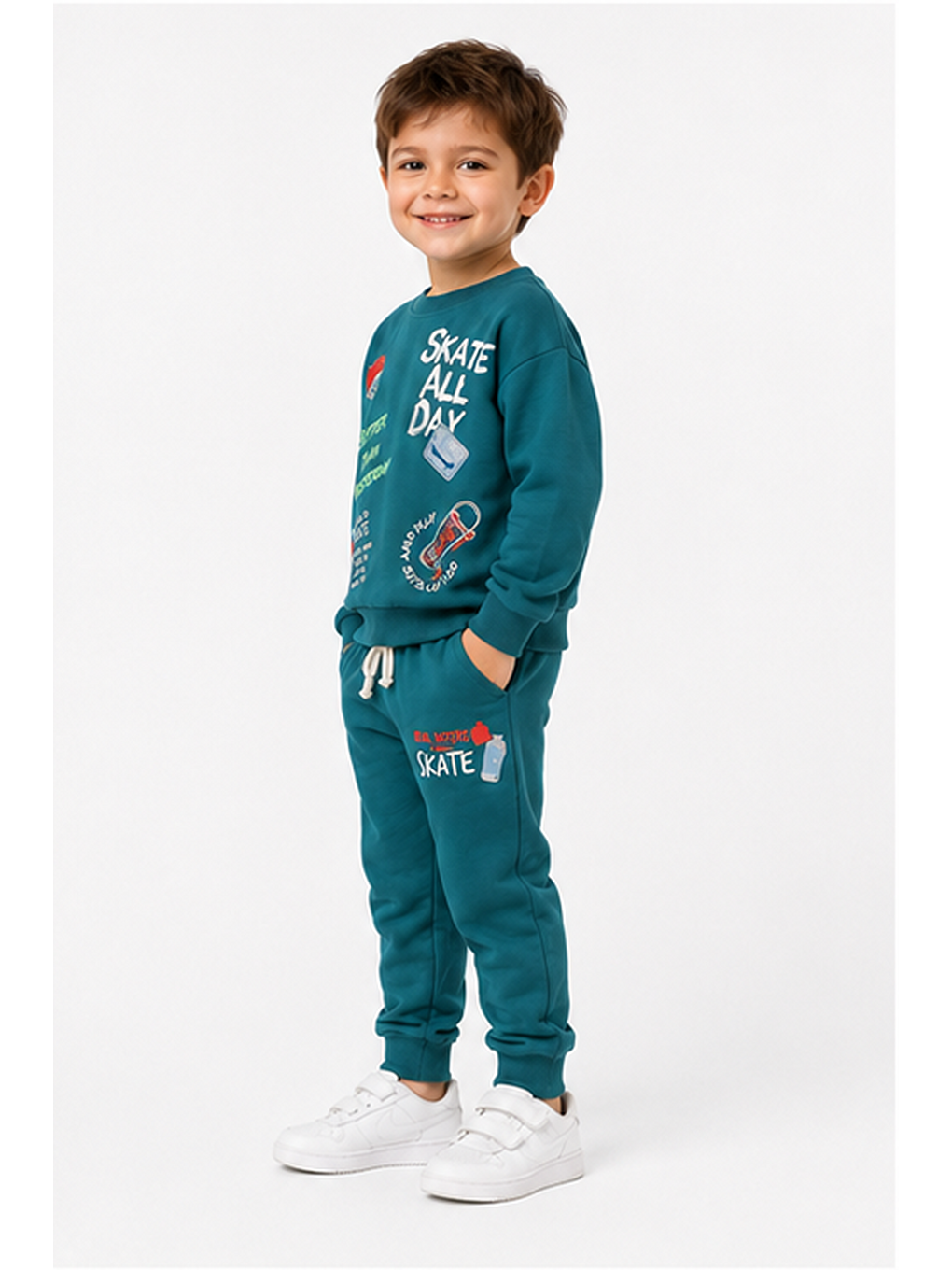 Yeşil Erkek Çocuk Kaykay Baskılı Sweatshirt Eşofman Altı 2’li Takım 1-4 Yaş Ak115-3