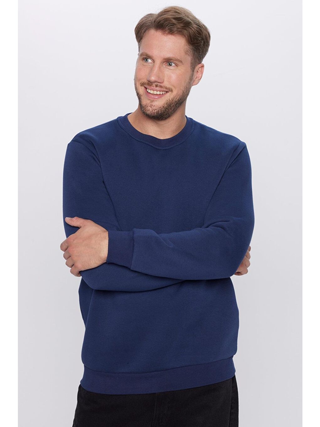 Unisex Relax Fit Rahat Kesim Pamuklu Yumuşak Dokulu Polarlı Basic Lacivert Bisiklet Yaka Sweatshirt