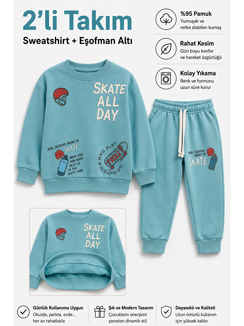 Yeşil Erkek Çocuk Kaykay Baskılı Sweatshirt Eşofman Altı 2’li Takım 1-4 Yaş Ak115-1