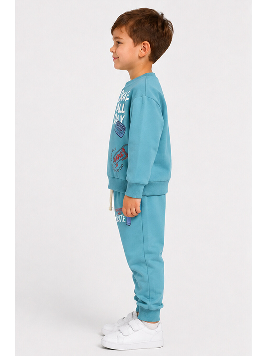 Yeşil Erkek Çocuk Kaykay Baskılı Sweatshirt Eşofman Altı 2’li Takım 1-4 Yaş Ak115-2