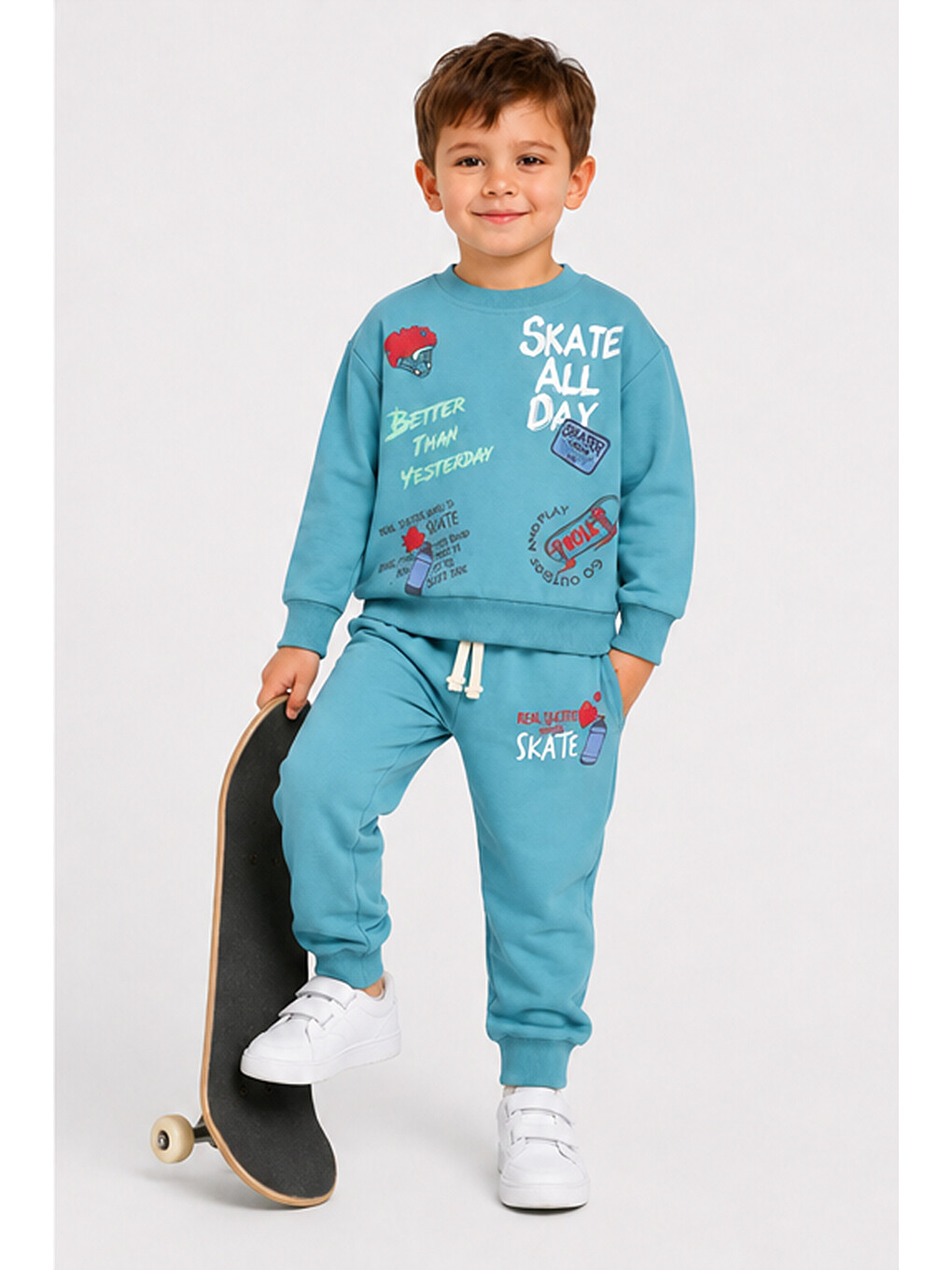 Yeşil Erkek Çocuk Kaykay Baskılı Sweatshirt Eşofman Altı 2’li Takım 1-4 Yaş Ak115-3