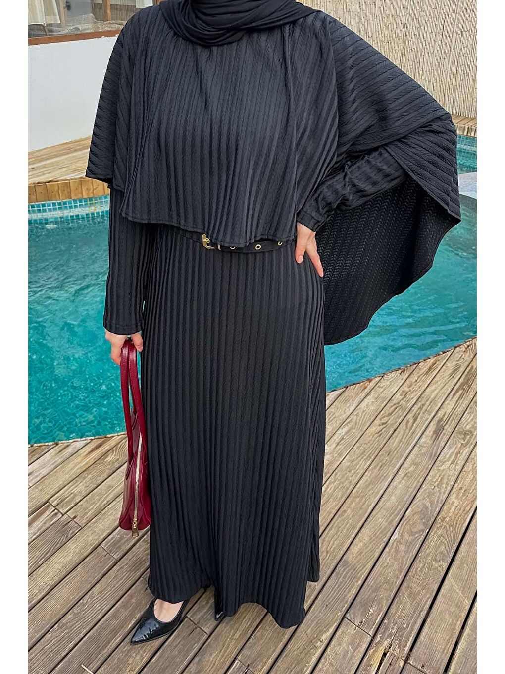 Balıksırtı Kemerli Elbise Siyah-2