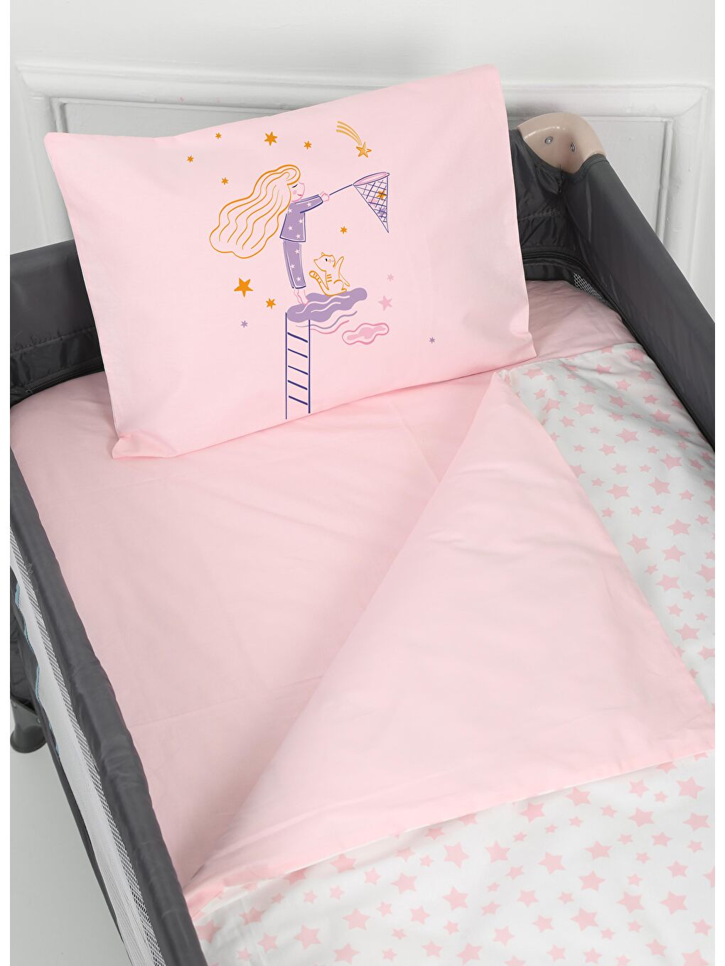 LUGGİ BABY Pembe Baskılı Park Yatak Beşik Bebek Nevresim Takımı 3'lü  75 x 120 cm - 1