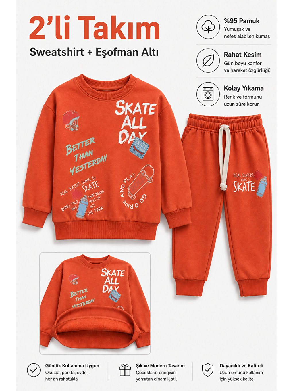 Turuncu Erkek Çocuk Kaykay Baskılı Sweatshirt Eşofman Altı 2’li Takım 1-4 Yaş Ak115-1
