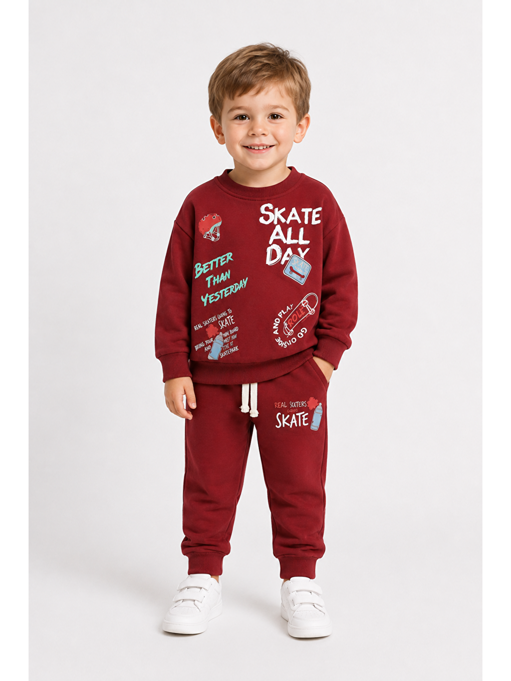 Kırmızı Erkek Çocuk Kaykay Baskılı Sweatshirt Eşofman Altı 2’li Takım 1-4 Yaş Ak115
