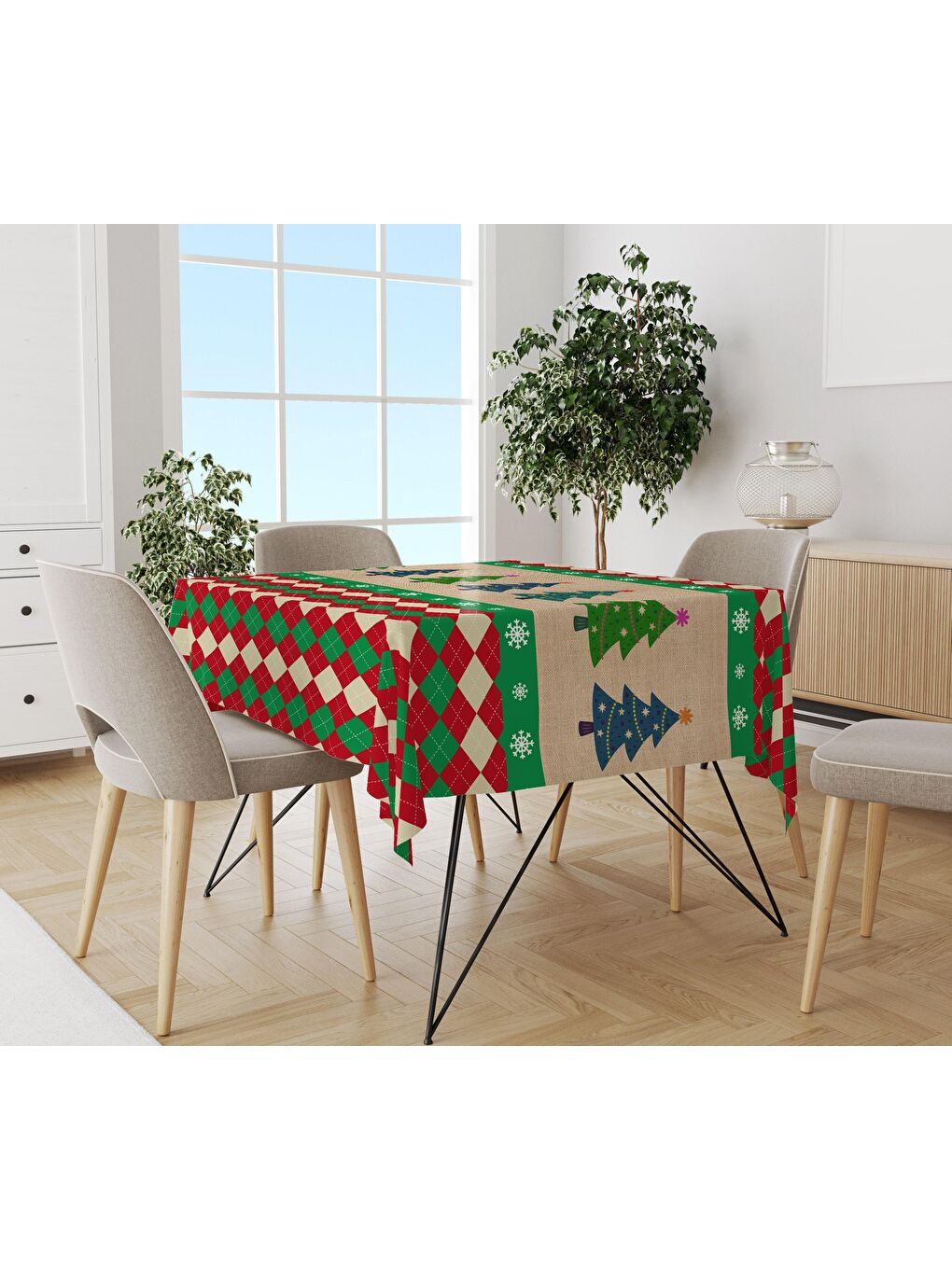 Karışık Yılbaşı Desenli Kadife Doku Masa Örtüsü