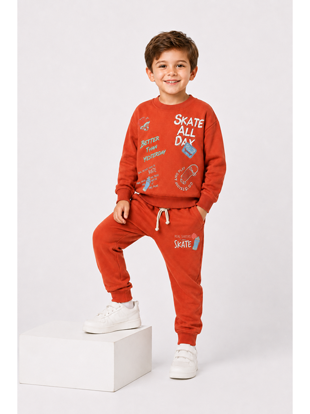 Turuncu Erkek Çocuk Kaykay Baskılı Sweatshirt Eşofman Altı 2’li Takım 1-4 Yaş Ak115-2