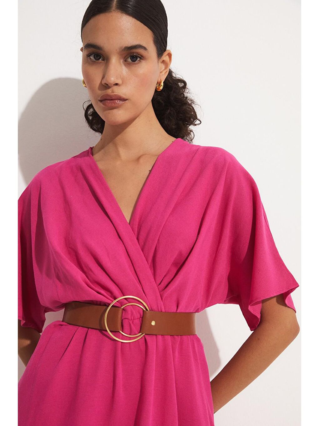 Fuşya Kemerli Kruvaze Elbise-1