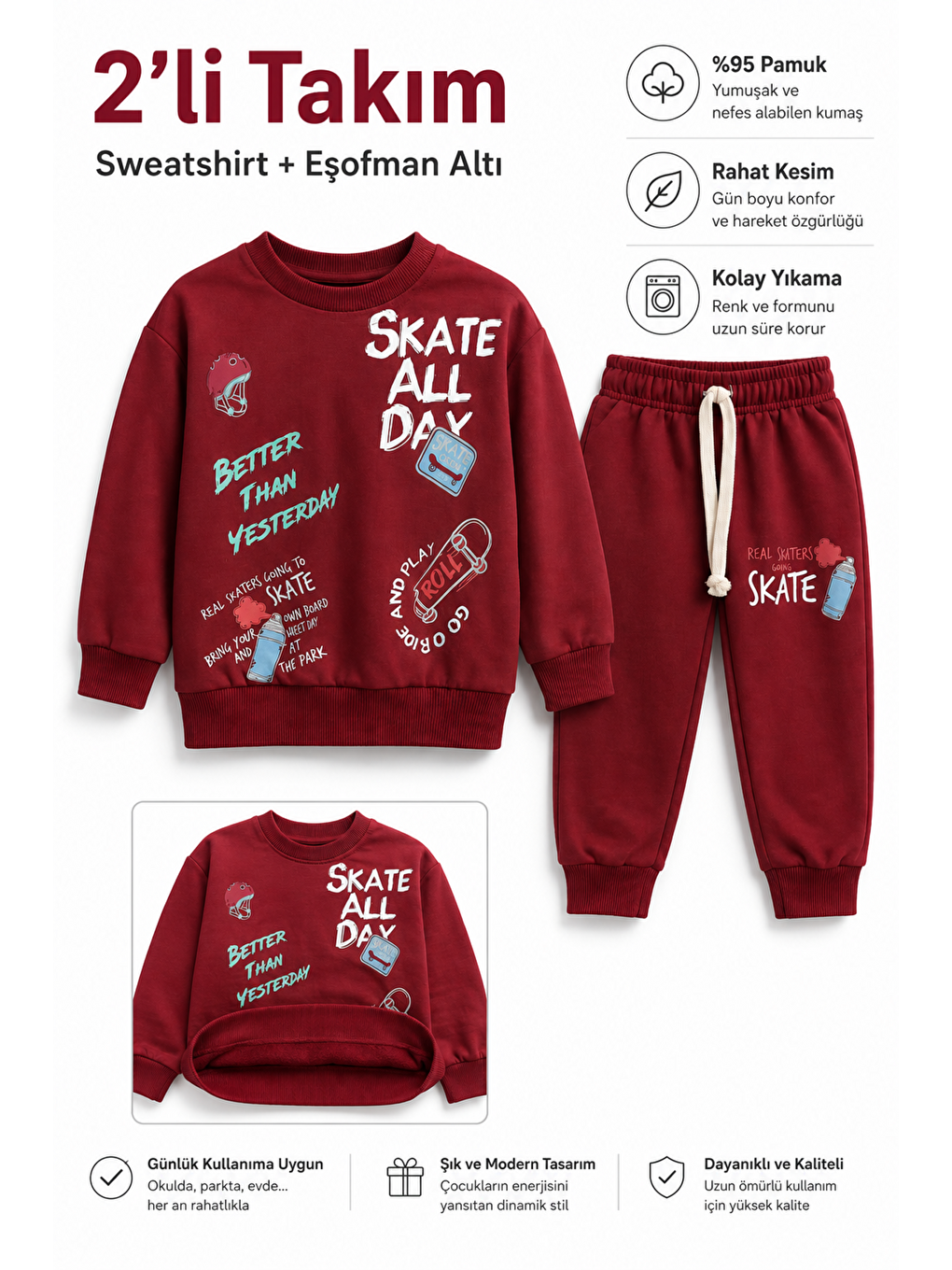 Kırmızı Erkek Çocuk Kaykay Baskılı Sweatshirt Eşofman Altı 2’li Takım 1-4 Yaş Ak115-1