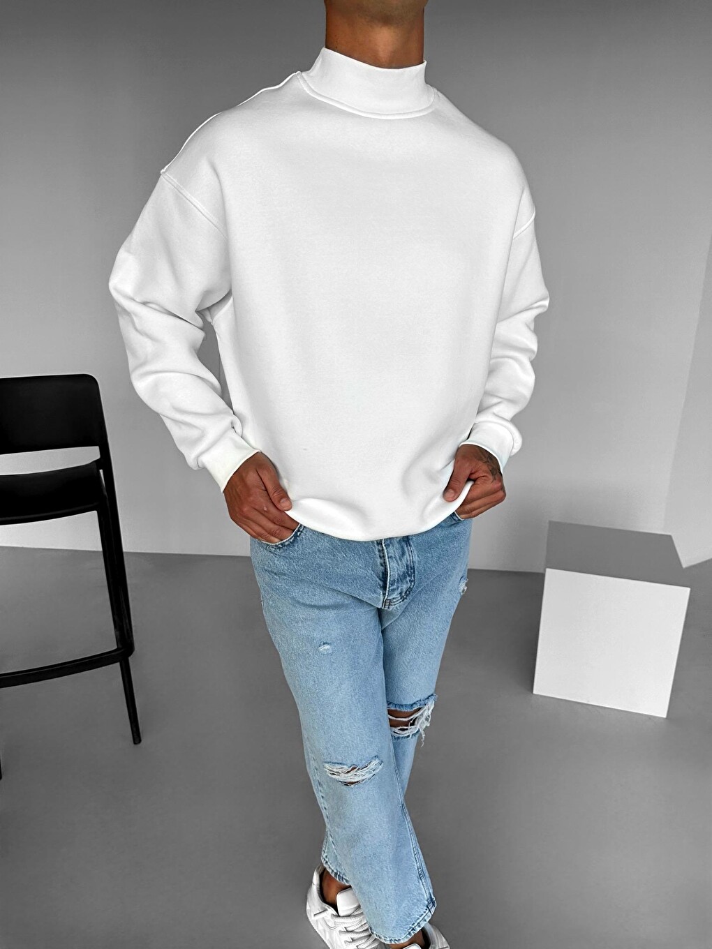 Erkek Rahat Kalıp Basic Uzun Kollu Sweatshirt Ekru