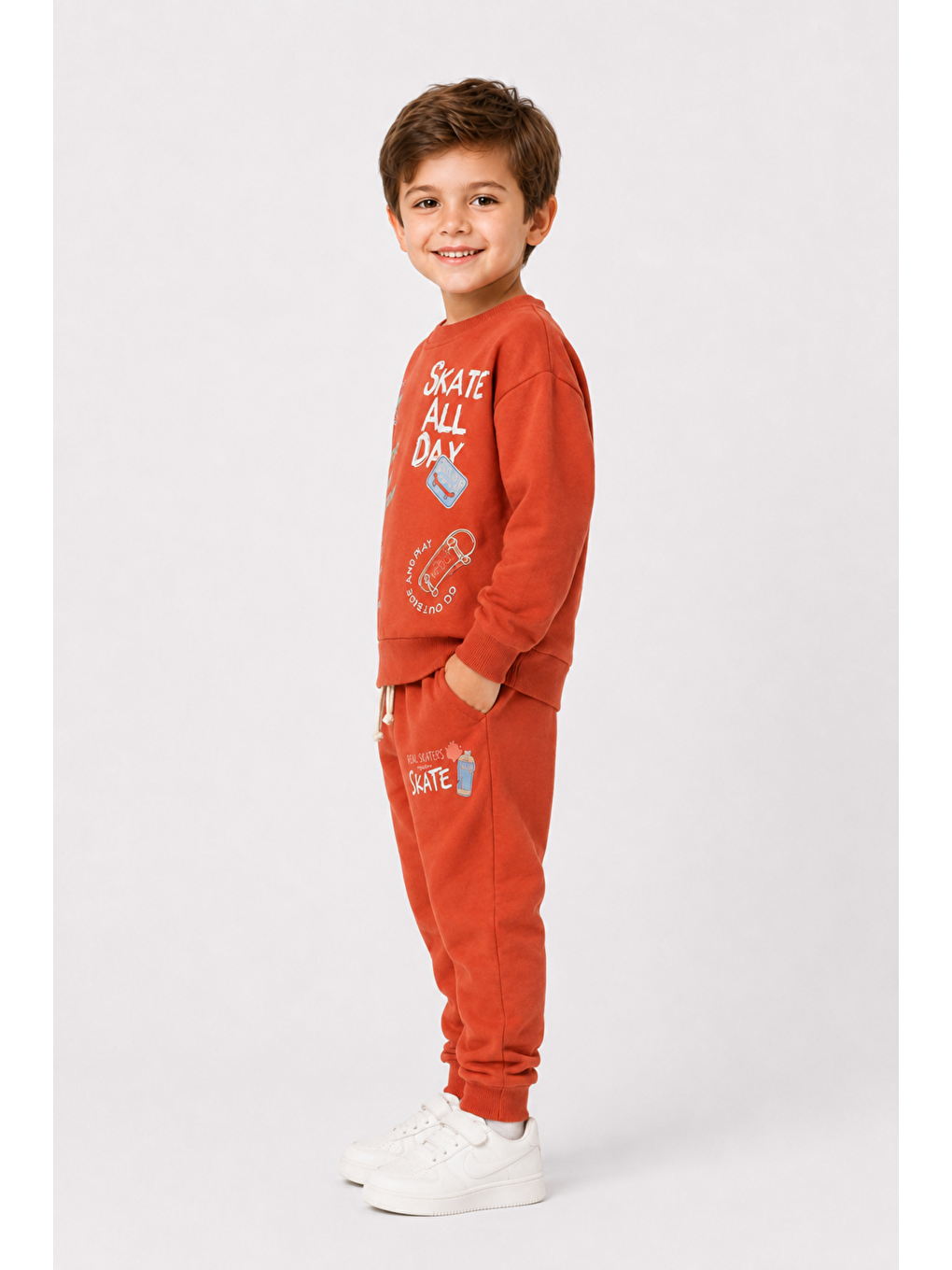 Turuncu Erkek Çocuk Kaykay Baskılı Sweatshirt Eşofman Altı 2’li Takım 1-4 Yaş Ak115-3