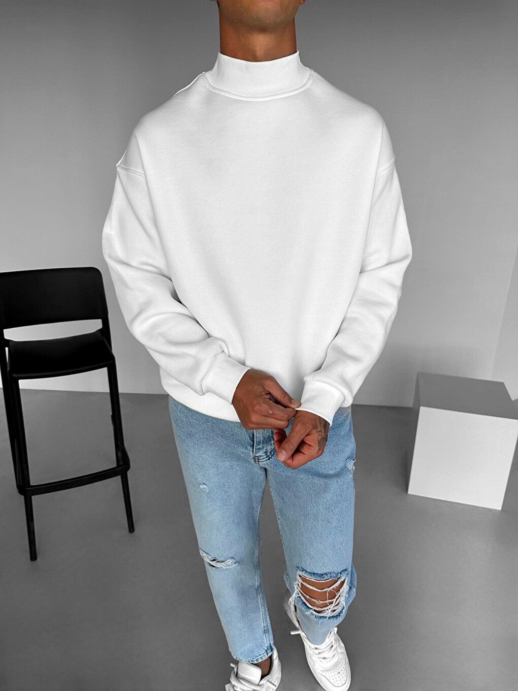 Erkek Rahat Kalıp Basic Uzun Kollu Sweatshirt Ekru-1