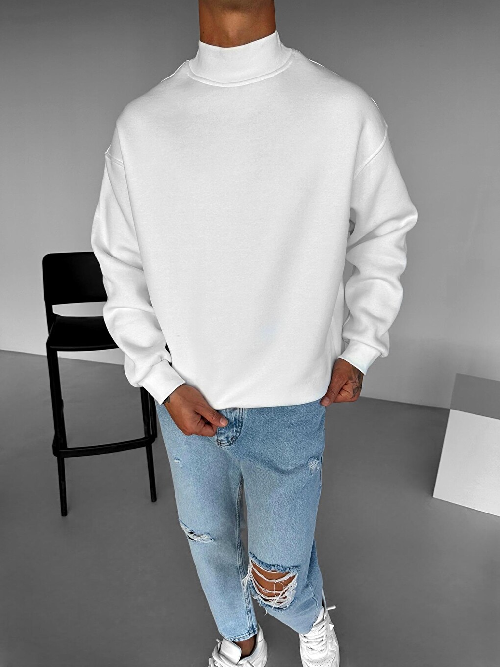 Erkek Rahat Kalıp Basic Uzun Kollu Sweatshirt Ekru-2