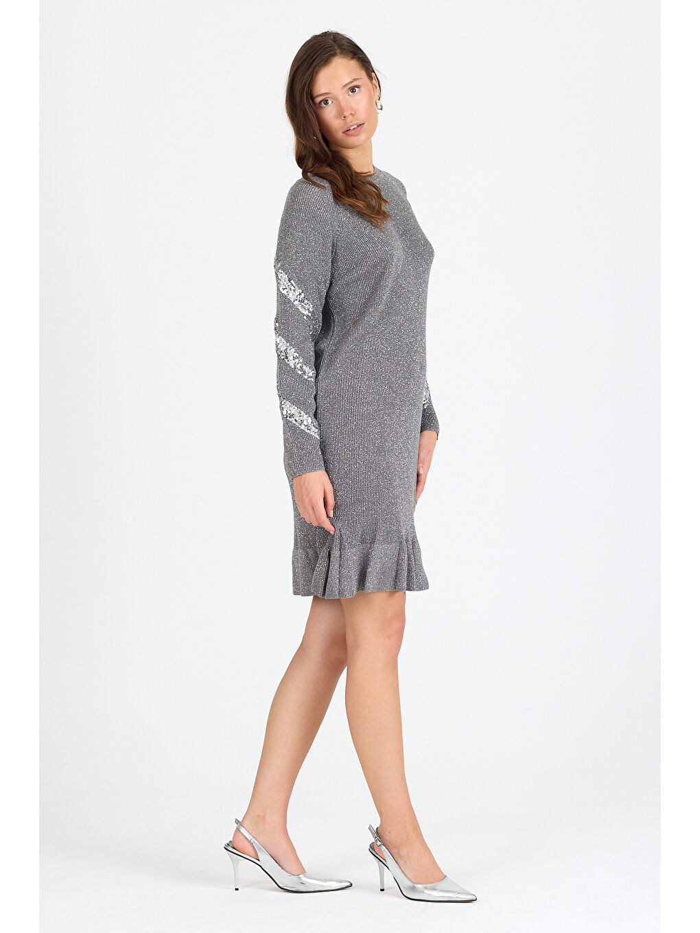 Gri Kadın Bisiklet Yaka Sim Garnili Pul İşlemeli Eibise 3143 (Standart Beden s-m-l-xl Beden Uyumludur)-1