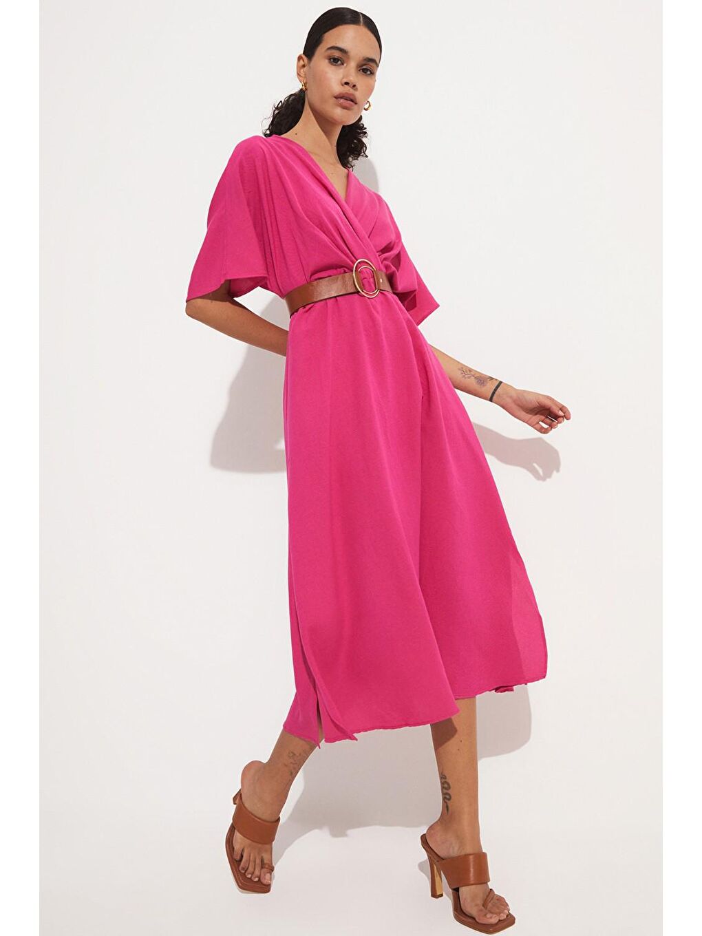 Fuşya Kemerli Kruvaze Elbise-2