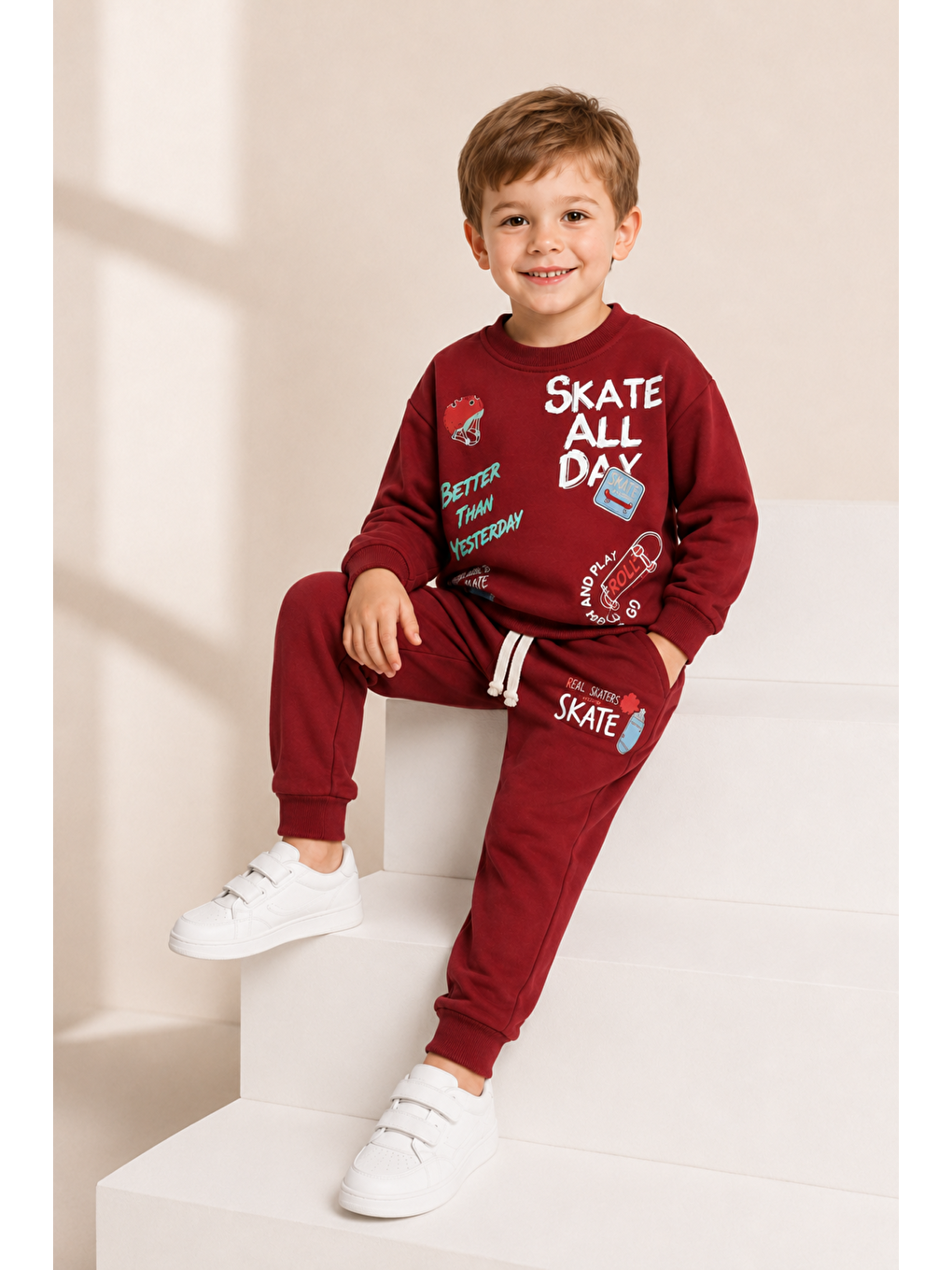 Kırmızı Erkek Çocuk Kaykay Baskılı Sweatshirt Eşofman Altı 2’li Takım 1-4 Yaş Ak115-2