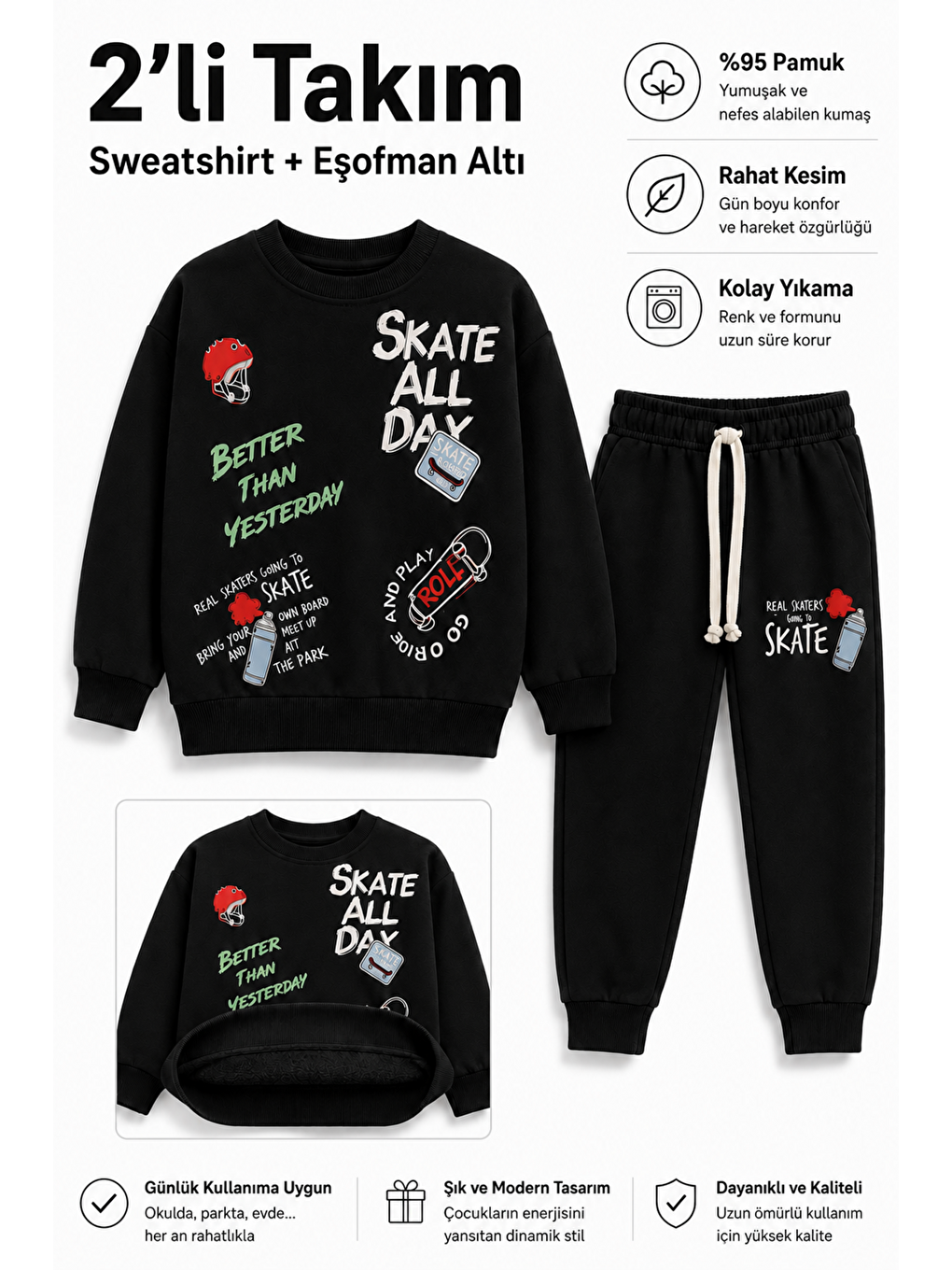 Siyah Erkek Çocuk Kaykay Baskılı Sweatshirt Eşofman Altı 2’li Takım 1-4 Yaş Ak115-1