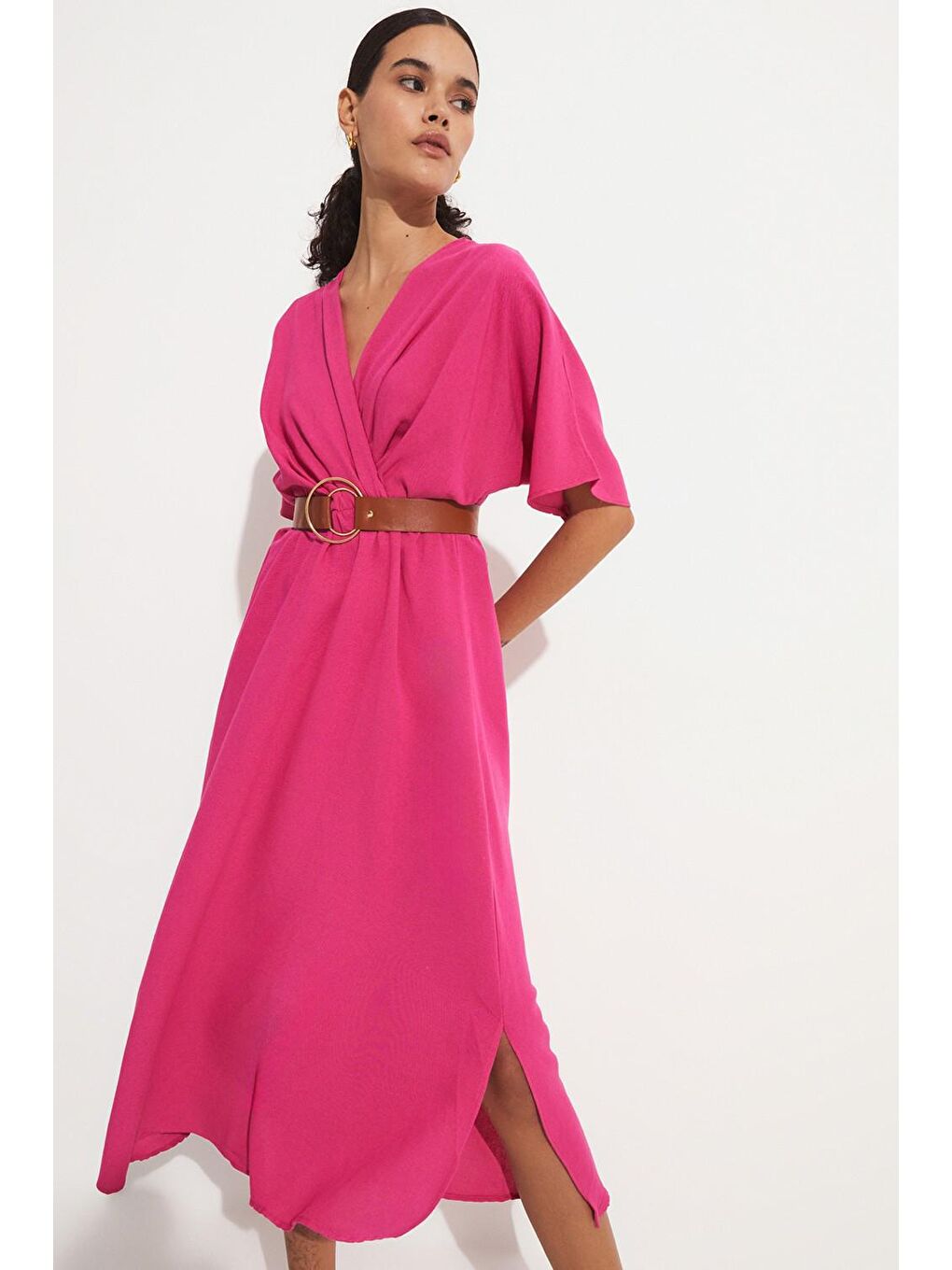 Fuşya Kemerli Kruvaze Elbise-3