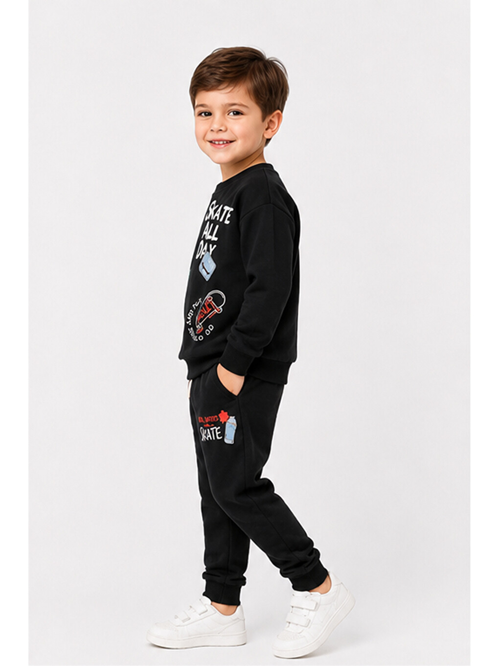 Siyah Erkek Çocuk Kaykay Baskılı Sweatshirt Eşofman Altı 2’li Takım 1-4 Yaş Ak115-2