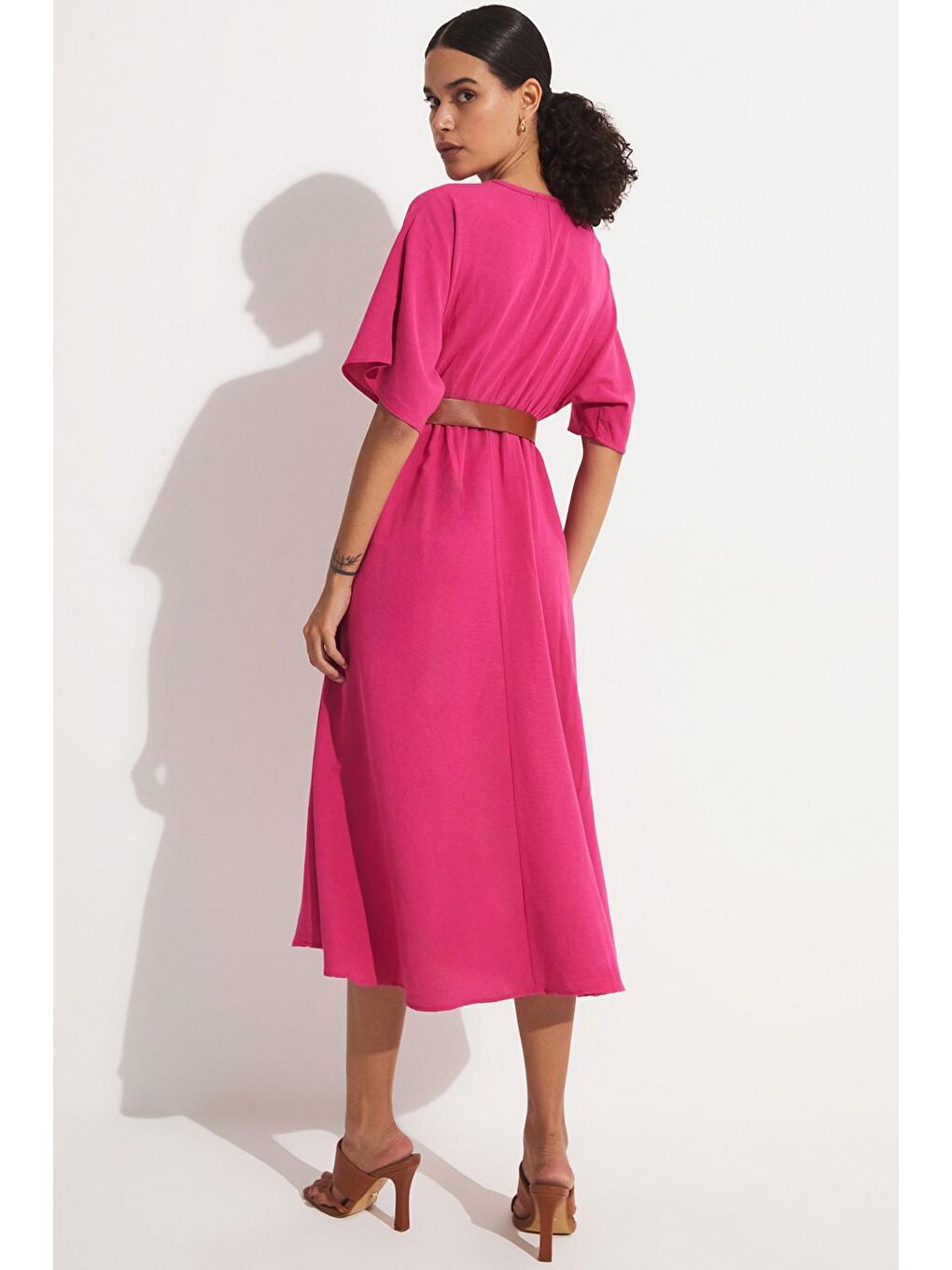 Fuşya Kemerli Kruvaze Elbise-4