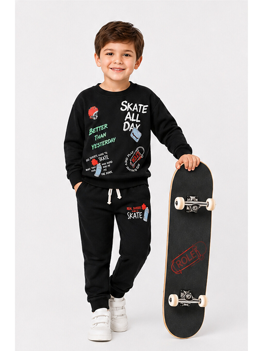 Siyah Erkek Çocuk Kaykay Baskılı Sweatshirt Eşofman Altı 2’li Takım 1-4 Yaş Ak115-3