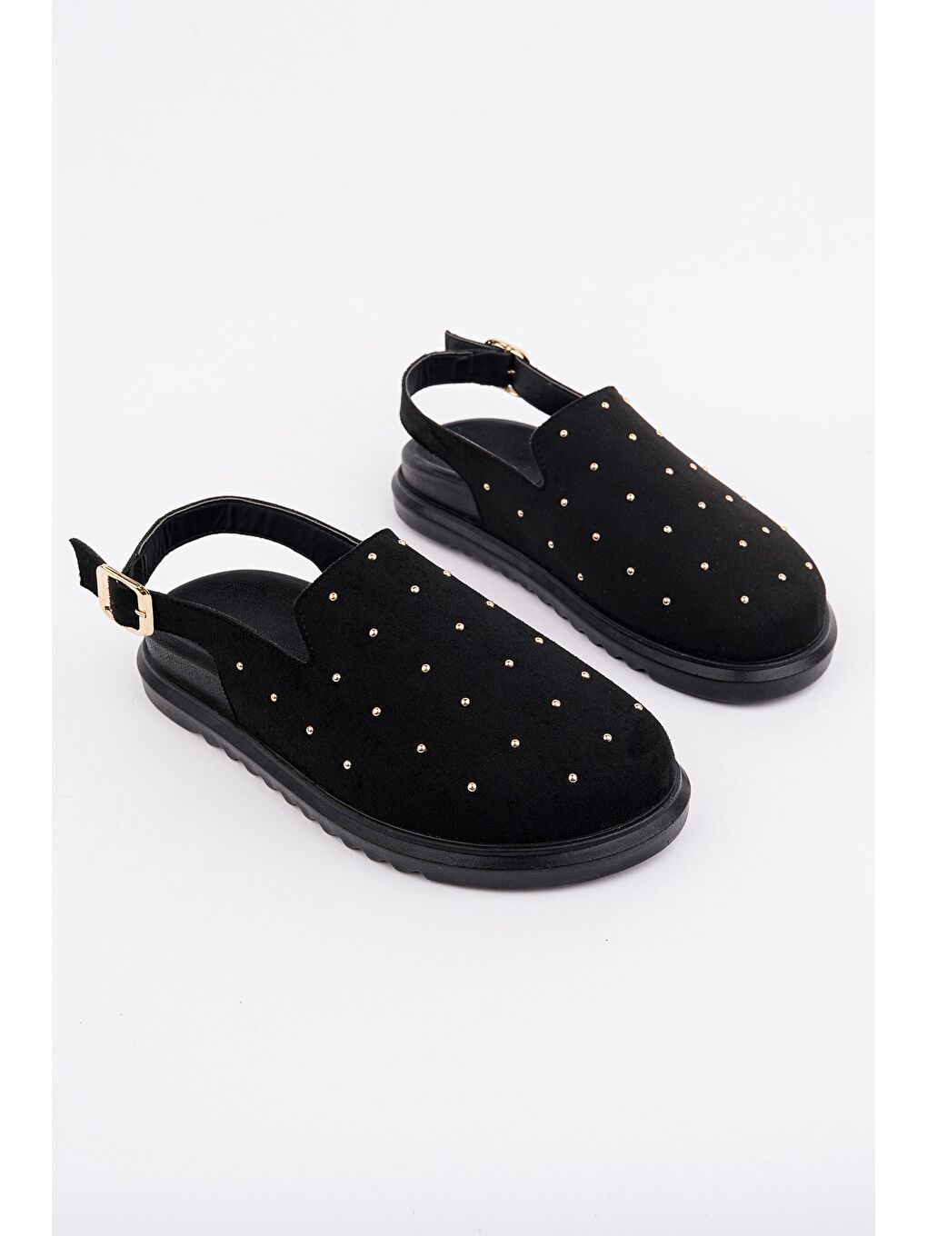 Siyah LİLOW Süet Deri Gold Zımbalı Ayarlanabilir Tokalı Günlük Rahat Önü Kapalı Kadın Sandalet-1