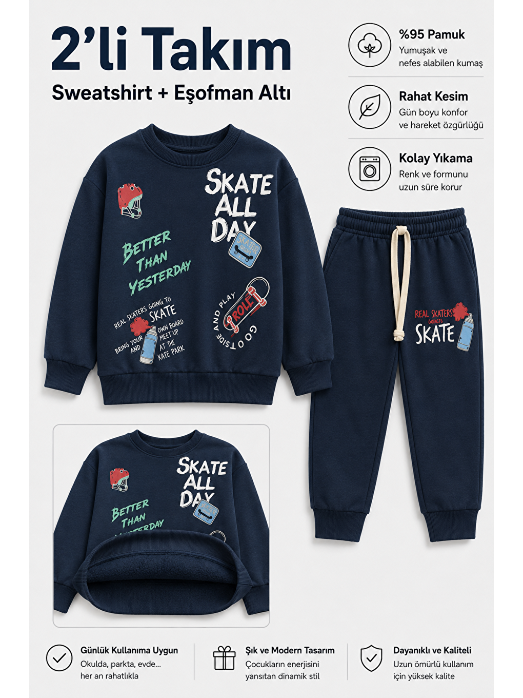 Lacivert Erkek Çocuk Kaykay Baskılı Sweatshirt Eşofman Altı 2’li Takım 1-4 Yaş Ak115-1