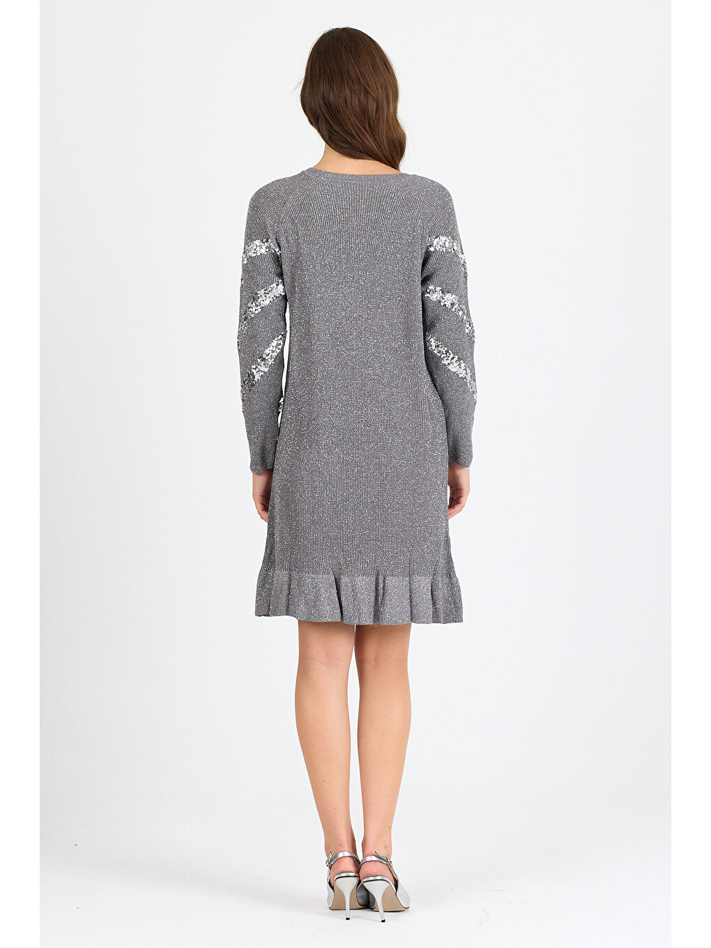 Gri Kadın Bisiklet Yaka Sim Garnili Pul İşlemeli Eibise 3143 (Standart Beden s-m-l-xl Beden Uyumludur)-2