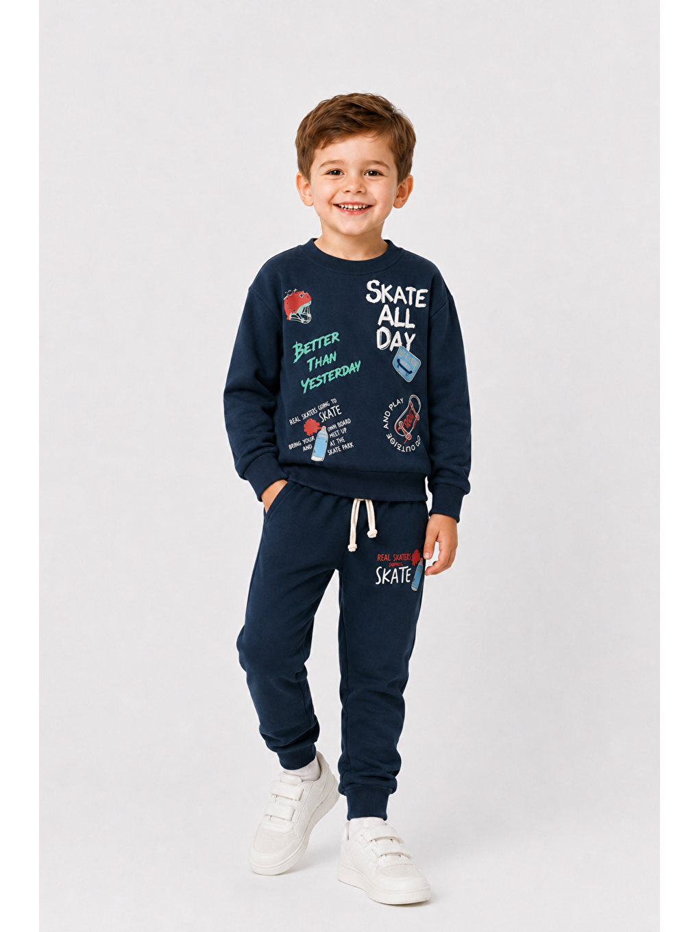 Lacivert Erkek Çocuk Kaykay Baskılı Sweatshirt Eşofman Altı 2’li Takım 1-4 Yaş Ak115-2