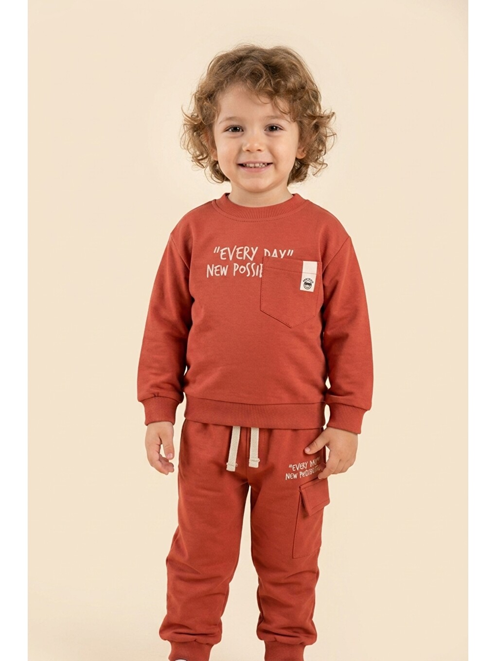 Turuncu Erkek Çocuk Pamuklu Baskılı 2’li Takım Sweatshirt Eşofman Altı 1-4 Yaş Ak122