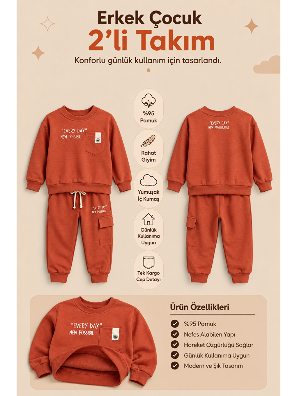 Turuncu Erkek Çocuk Pamuklu Baskılı 2’li Takım Sweatshirt Eşofman Altı 1-4 Yaş Ak122-1