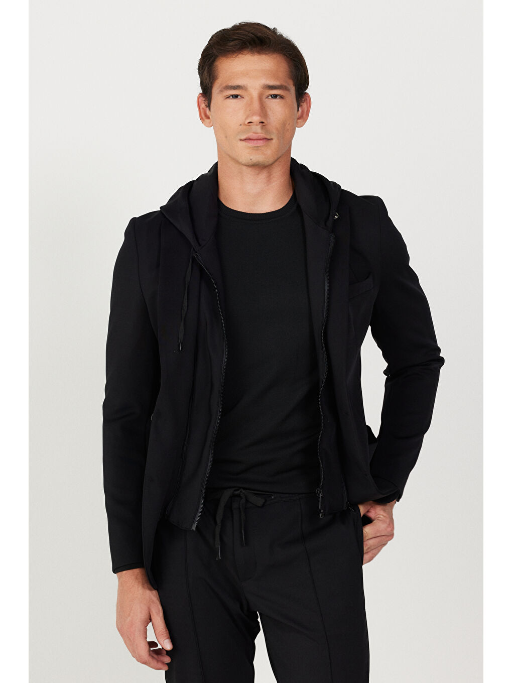 Erkek Siyah Slim Fit Dar Kesim Mono Yaka Pamuklu Desenli Ceket