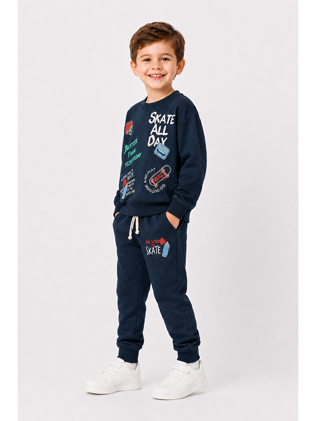 Lacivert Erkek Çocuk Kaykay Baskılı Sweatshirt Eşofman Altı 2’li Takım 1-4 Yaş Ak115-3