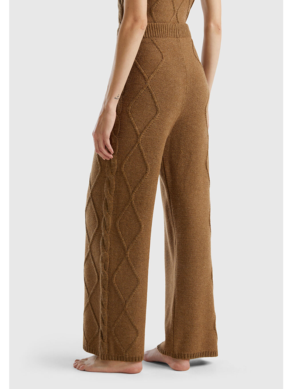 Kahverengi Kadın Taba Geniş Paça Triko Pantolon-2