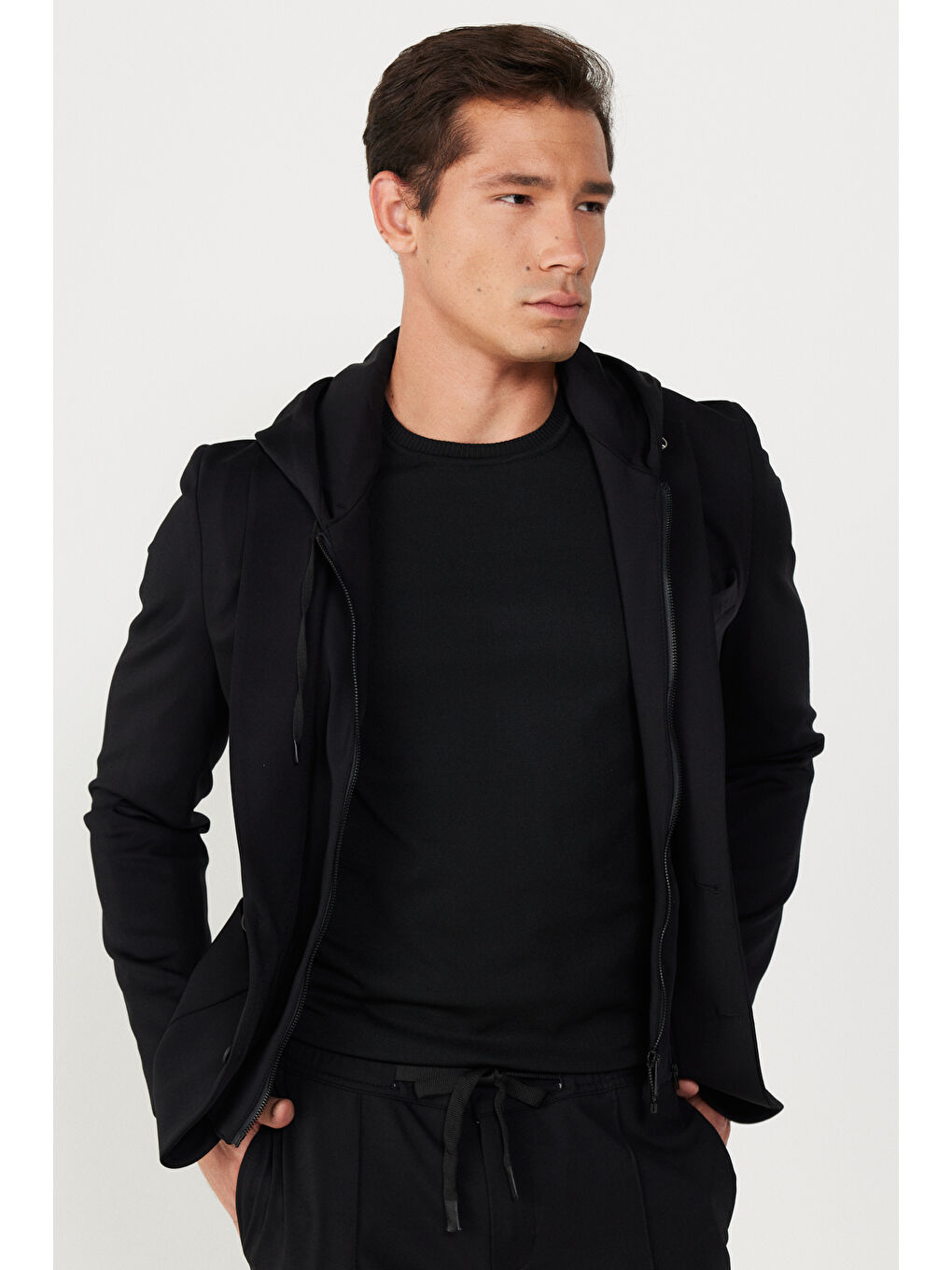 Erkek Siyah Slim Fit Dar Kesim Mono Yaka Pamuklu Desenli Ceket-3