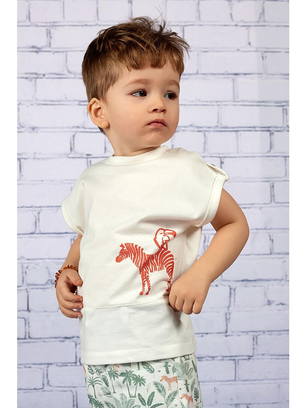 MİNİNİO Beyaz Erkek Çocuk Ekru Zebra Desenli T-shirt