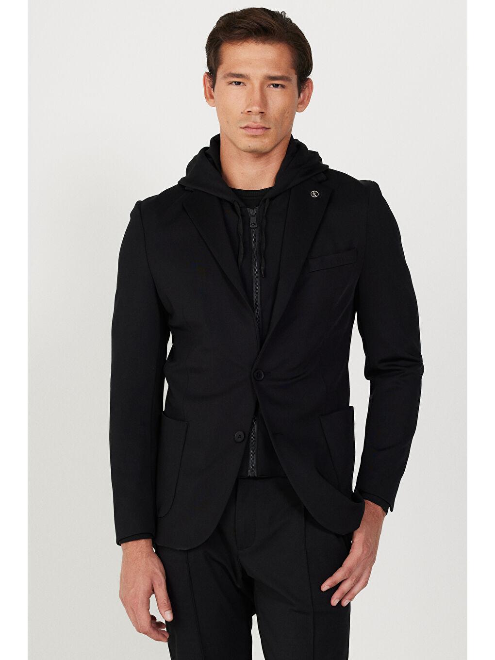 Erkek Siyah Slim Fit Dar Kesim Mono Yaka Pamuklu Desenli Ceket-4