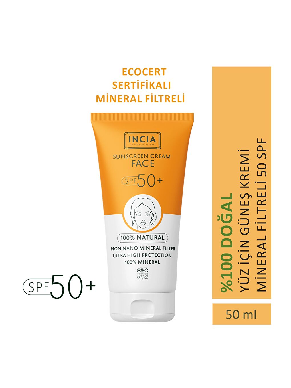 %100 Doğal Yüz Güneş Kremi Leke Karşıtı Mineral Filtreli Yüksek Koruma SPF 50+ UVA UVB 50 ml