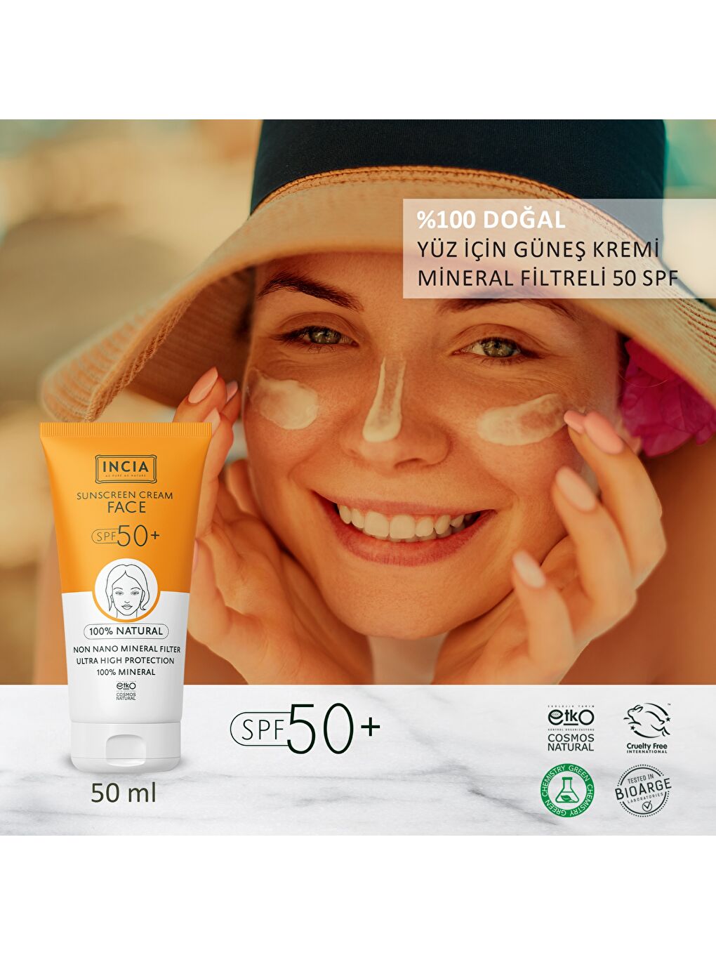 %100 Doğal Yüz Güneş Kremi Leke Karşıtı Mineral Filtreli Yüksek Koruma SPF 50+ UVA UVB 50 ml-1