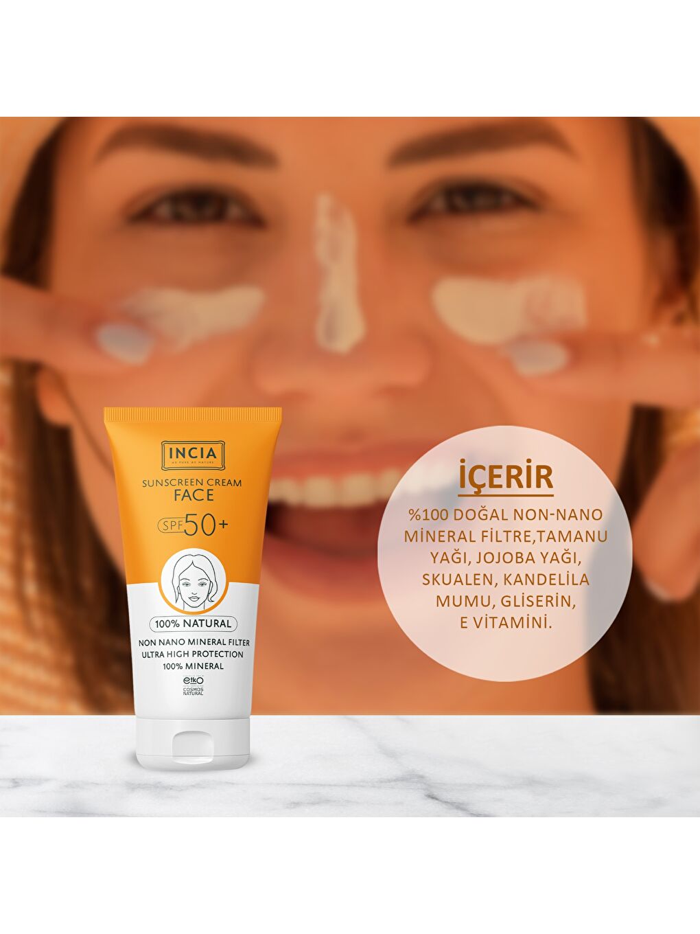 %100 Doğal Yüz Güneş Kremi Leke Karşıtı Mineral Filtreli Yüksek Koruma SPF 50+ UVA UVB 50 ml-2