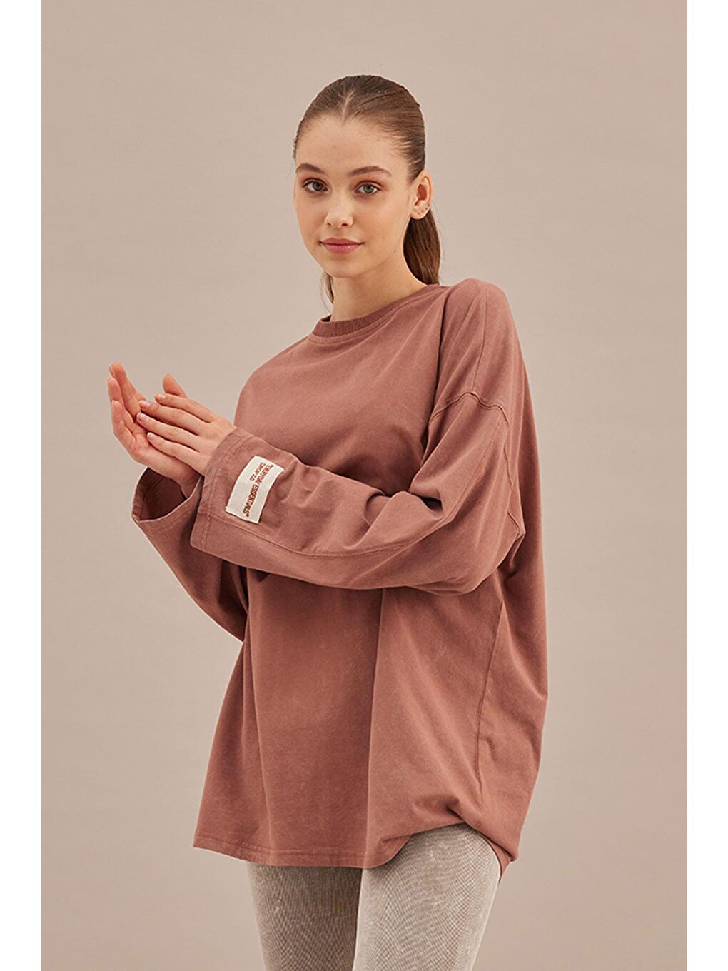 Manuka Pembe Soluk Efektli Oversize Sweatshırt Gül Kurusu - 2