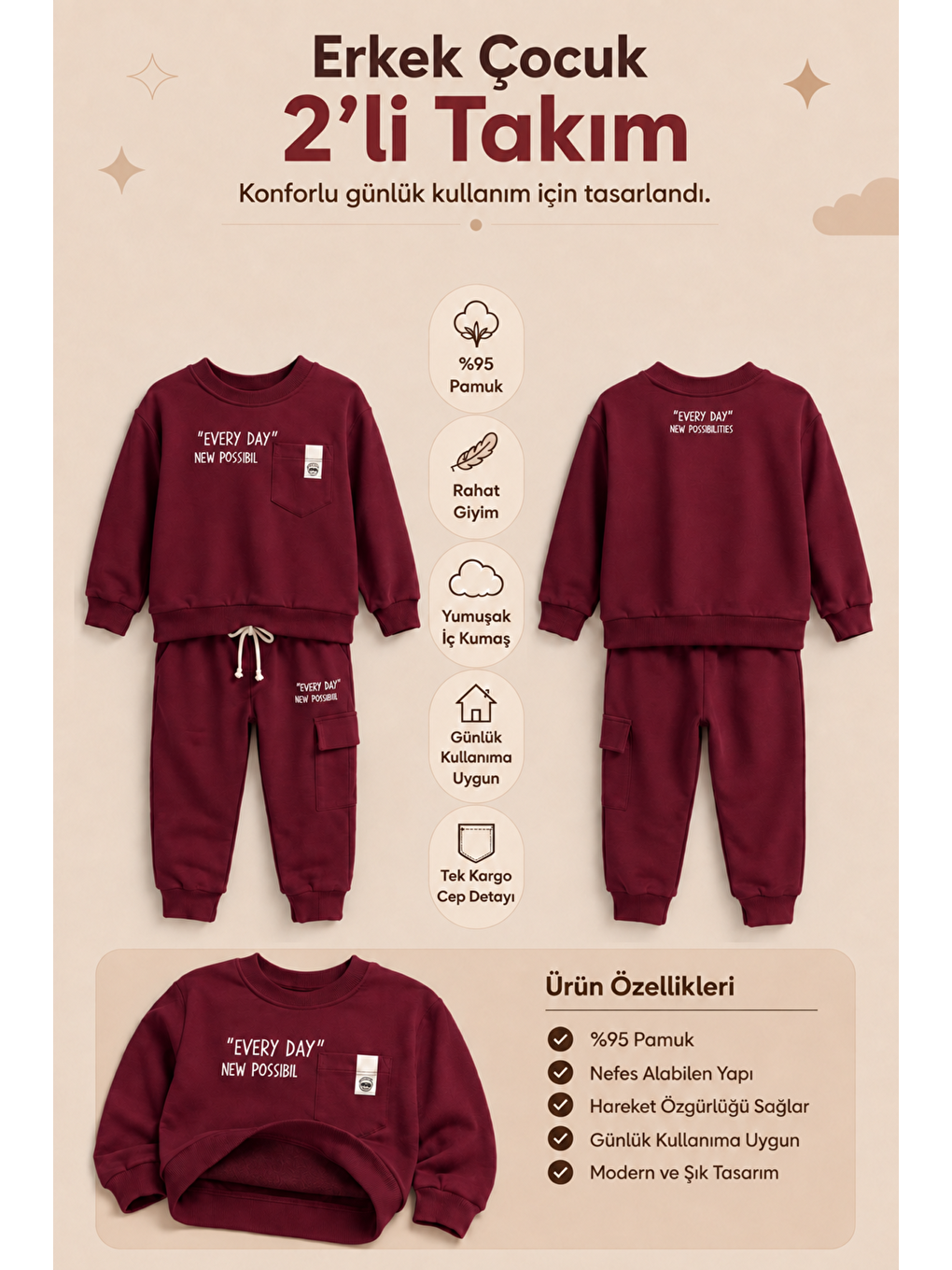 Bordo Erkek Çocuk Pamuklu Baskılı 2’li Takım Sweatshirt Eşofman Altı 1-4 Yaş Ak122-1