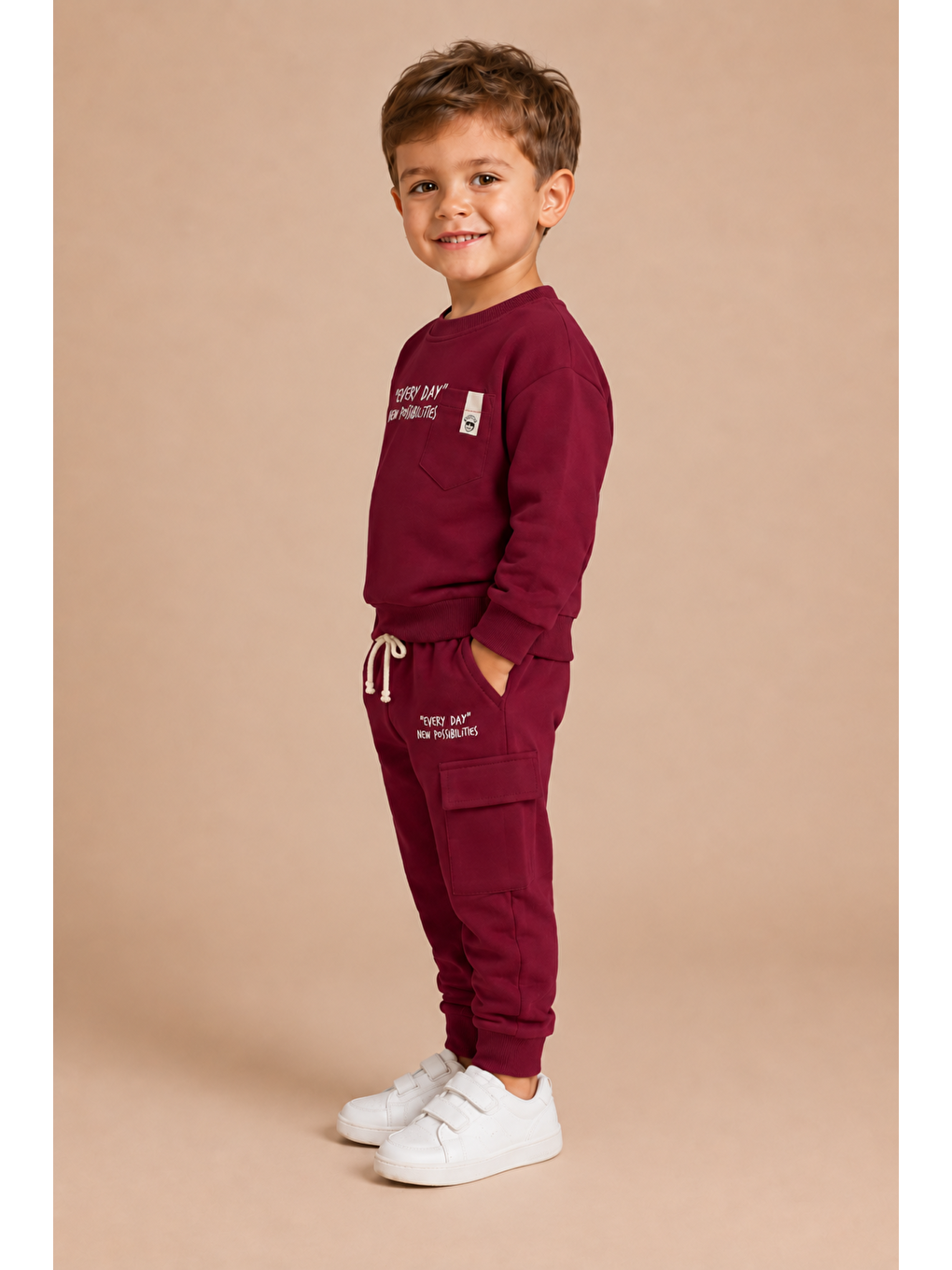 Bordo Erkek Çocuk Pamuklu Baskılı 2’li Takım Sweatshirt Eşofman Altı 1-4 Yaş Ak122-2