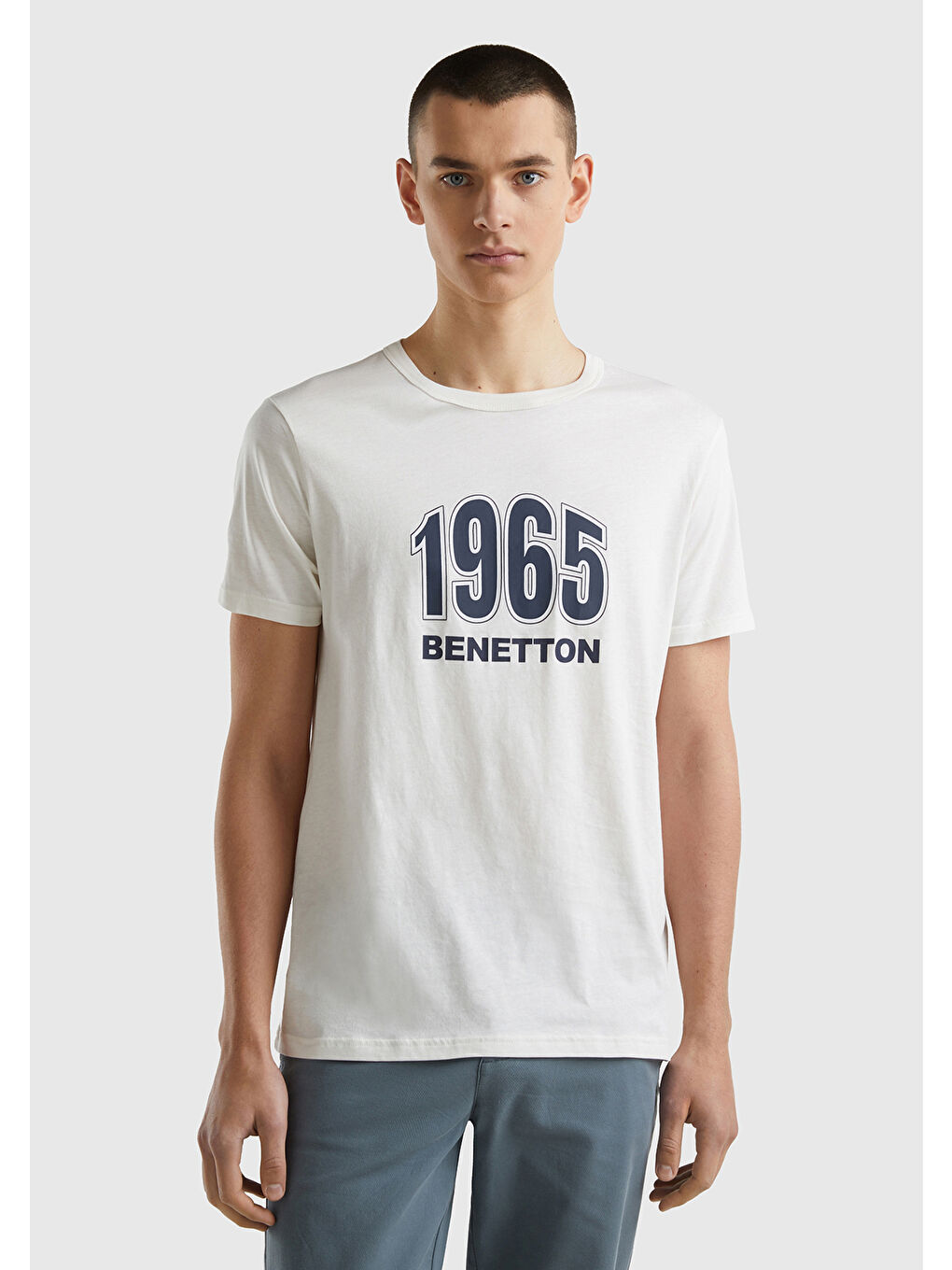 United Colors Of Benetton Ekru Erkek Krem Logo Baskılı Organik Pamuklu T-Shirt