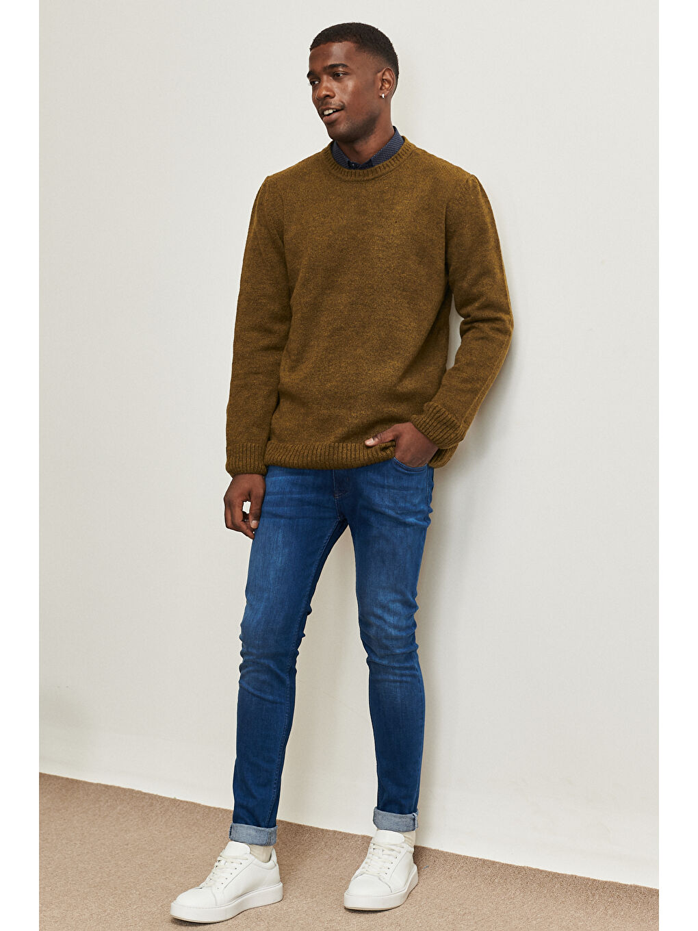 Erkek Haki Standart Fit Normal Kesim Bisiklet Yaka Triko Kazak-1