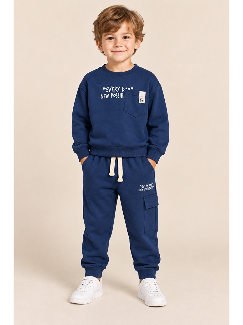 Lacivert Erkek Çocuk Pamuklu Baskılı 2’li Takım Sweatshirt Eşofman Altı 1-4 Yaş Ak122